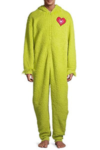 The Grinch Men's Fuzzy Plush Warm Holiday Hooded Union Suit Pajamas