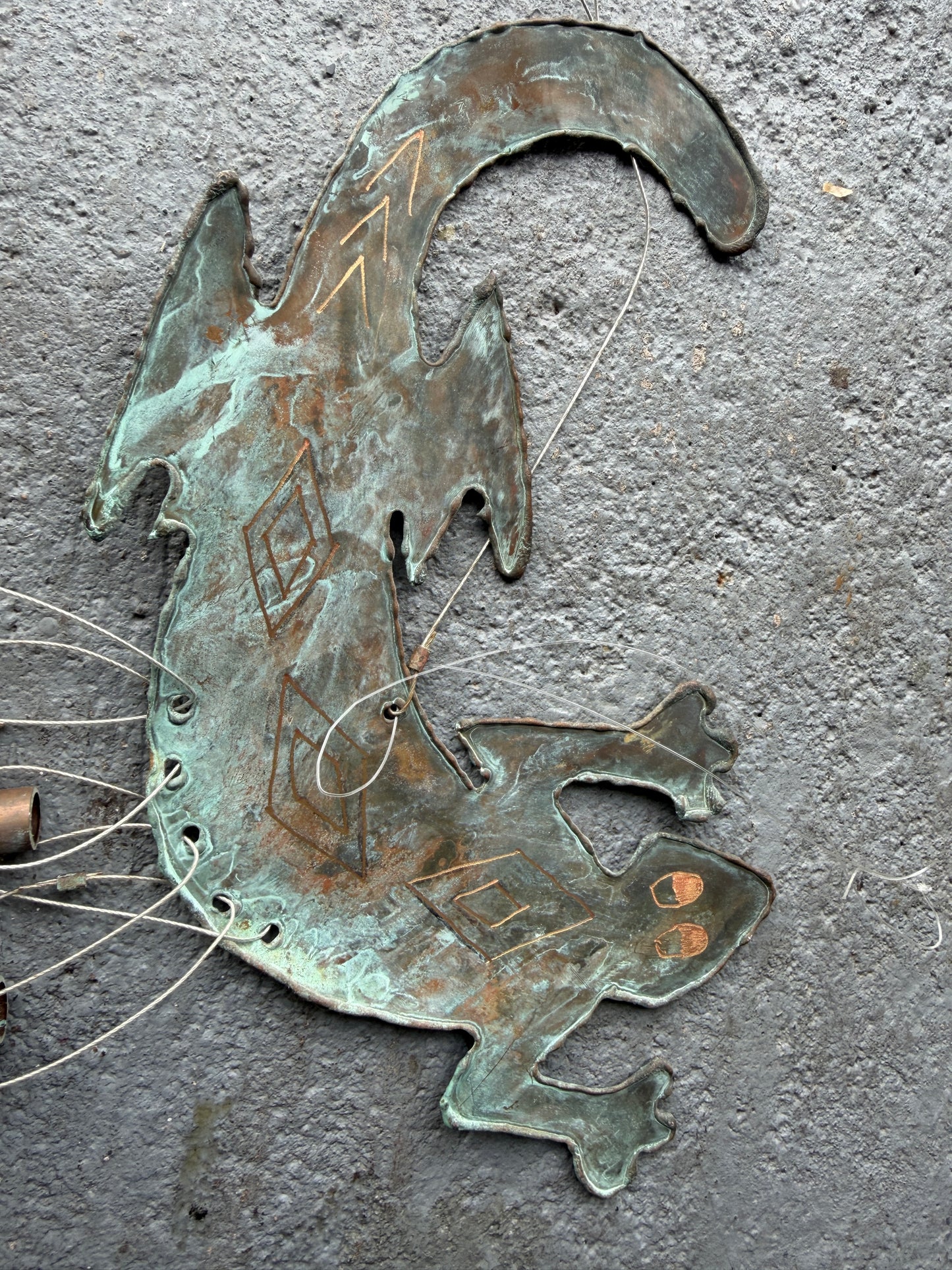 Alligator Gekko Wind Chime with Verdigris Patina, Handcrafted Decor