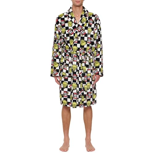 The Grinch Dr. Seuss Men's Checkered Plush Robe with Pockets and Belt, One Size
