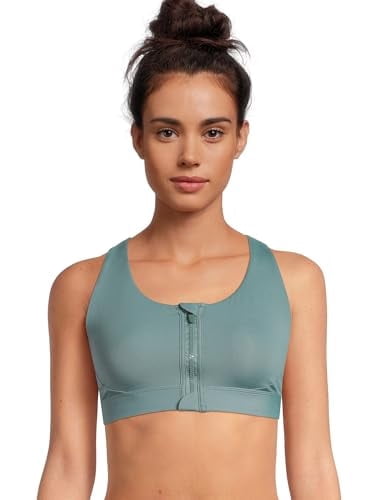 Avia Activewear Women's Medium Impact Zip Front Sports Bra, Greyed Teal, Medium