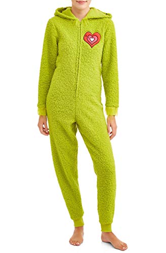 The Grinch Women's Fuzzy Plush Warm Holiday Hooded Union Suit Pajamas (Green, Small)