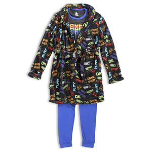 Boys 3 Pc Graphic Tee, Pants & Robe Pajama Set - Dinosaur Game Over