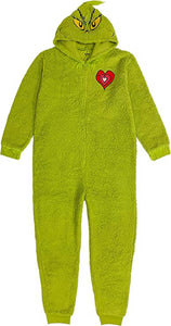The Grinch Men's Fuzzy Plush Warm Holiday Hooded Union Suit Pajamas