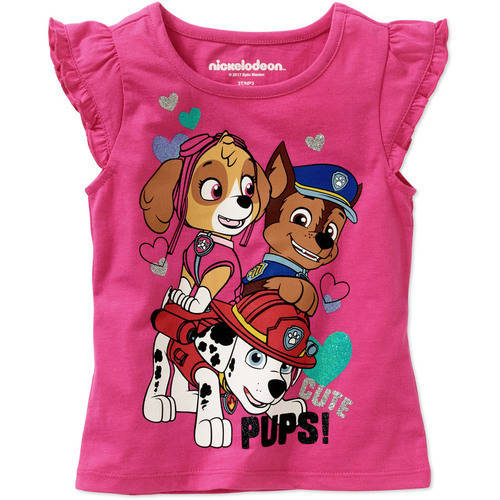 Paw Patrol Toddler Girl Flutter Sleeve Tee Shirt, Pink, Cute Pup, 2T