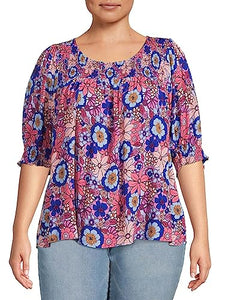 Terra & Sky Women's Plus Size Smocked Blouse - RETRO FLORAL-LILAC BUD New