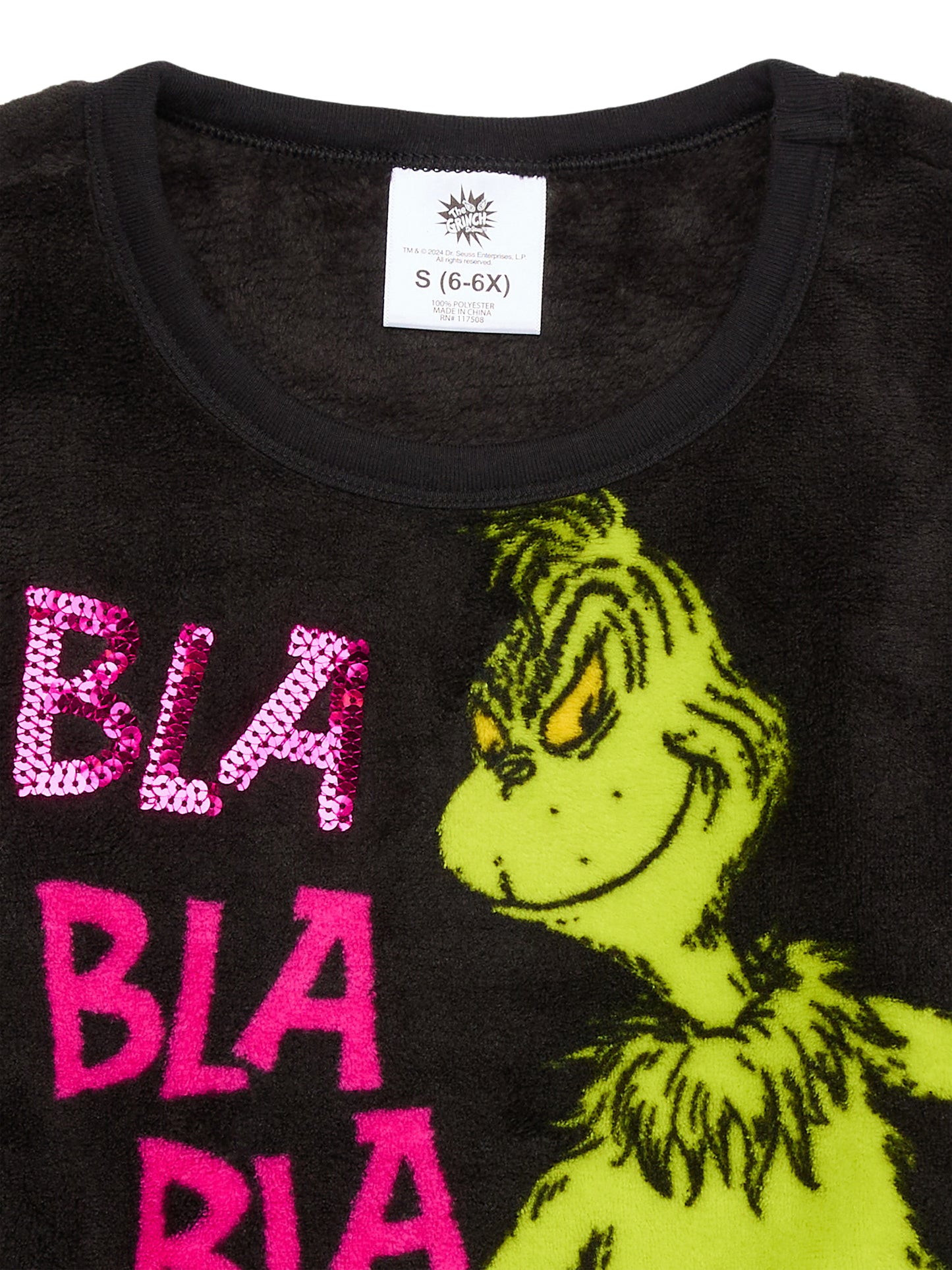 The Grinch Dr. Seuss Girls Bla Bla Bla Plush Woobie Pullover Sweatshirt, X-Small