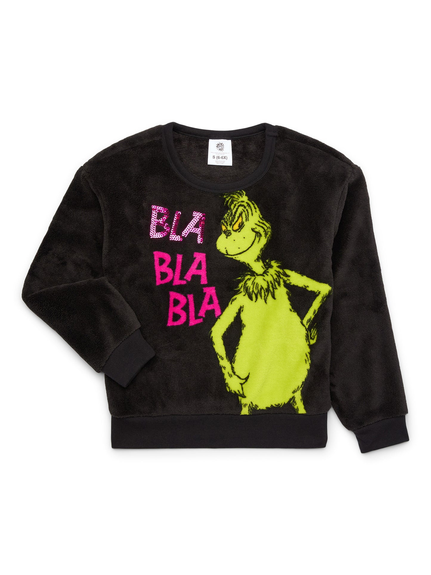 The Grinch Dr. Seuss Girls Bla Bla Bla Plush Woobie Pullover Sweatshirt, X-Small