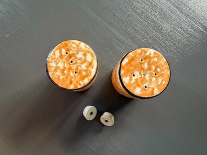 Stangl Town and Country Orange Splatter Ware Salt & Pepper Shakers + Stoppers