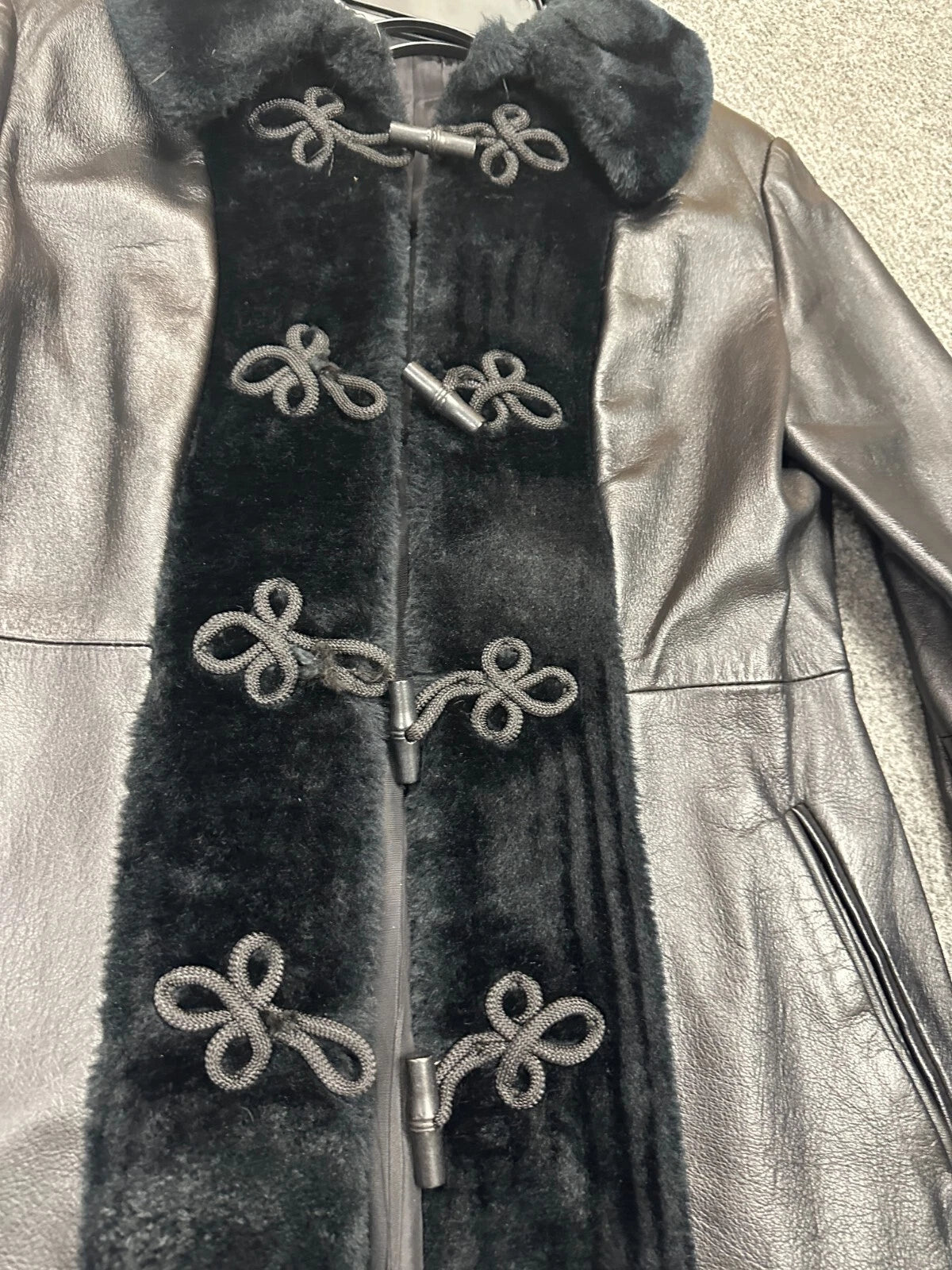 Womens Black Leather & Faux Fur Button & Loop Coat