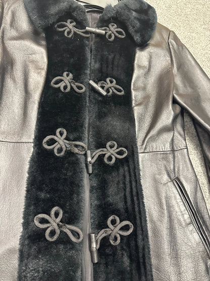 Womens Black Leather & Faux Fur Button & Loop Coat
