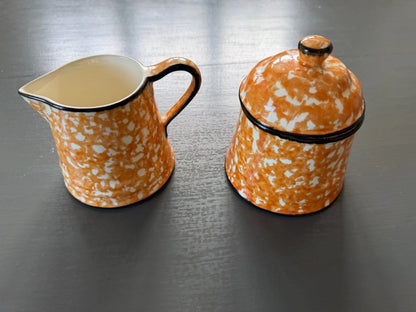 Stangl Town & Country Orange Spongeware Covered Sugar Bowl & Creamer Set