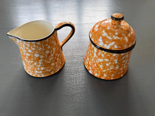 Stangl Town & Country Orange Spongeware Covered Sugar Bowl & Creamer Set