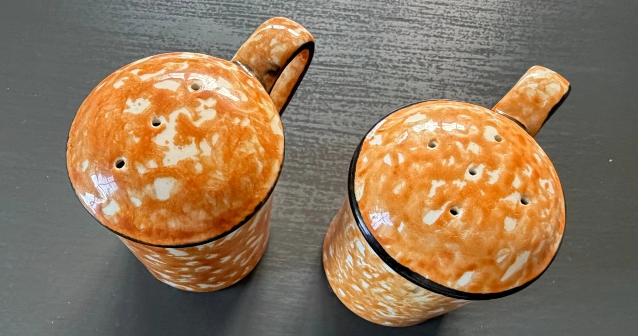 Stangl Town & Country Orange Splatter Ware Round Salt & Pepper Shakers -Stoppers