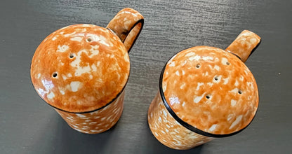 Stangl Town & Country Orange Splatter Ware Round Salt & Pepper Shakers -Stoppers