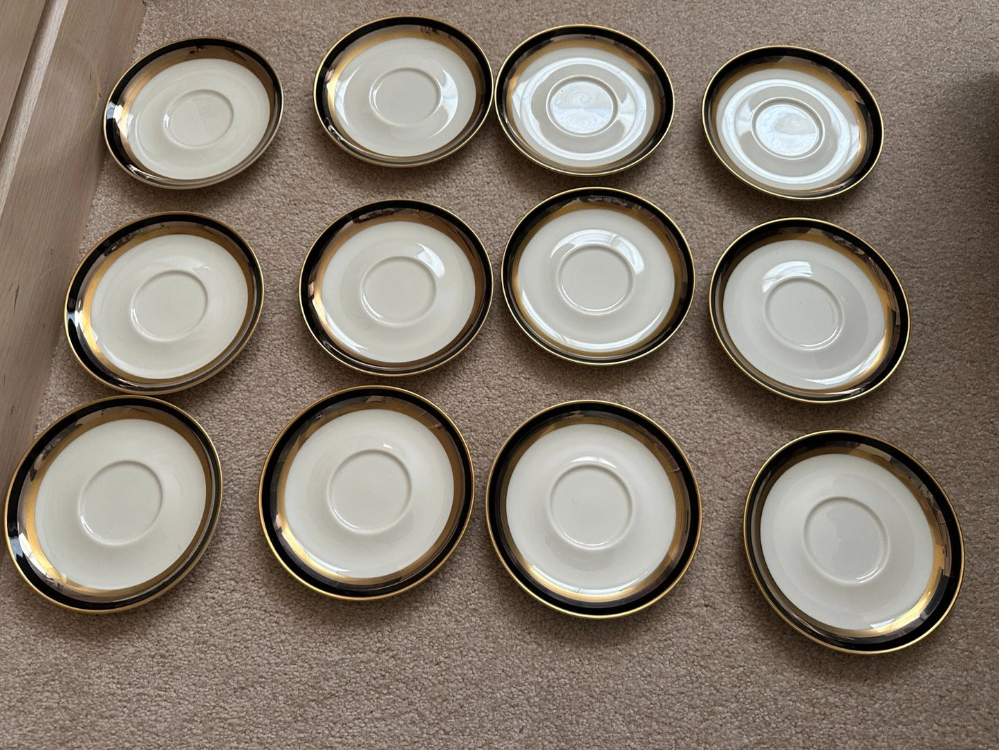 11 Gorham Midnight Contessa cups & 12 Saucers - Gold, Platinum, Black
