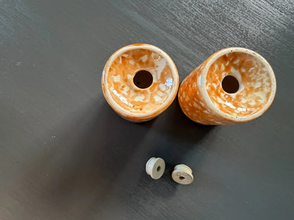 Stangl Town and Country Orange Splatter Ware Salt & Pepper Shakers + Stoppers
