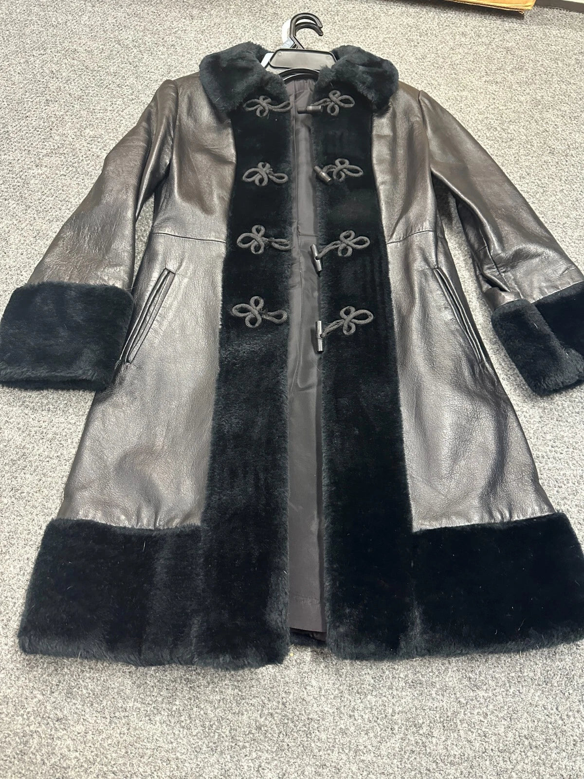 Womens Black Leather & Faux Fur Button & Loop Coat