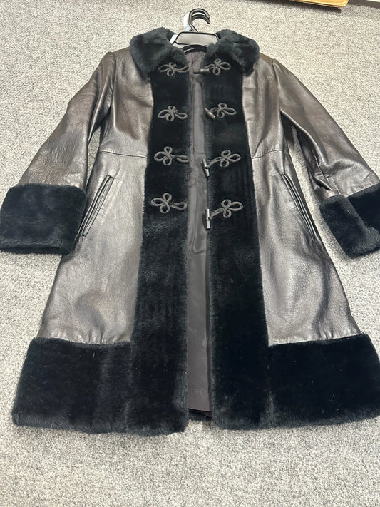Womens Black Leather & Faux Fur Button & Loop Coat