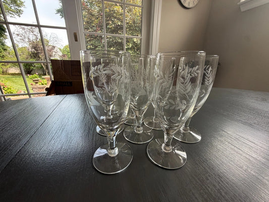 Vintage 8 Crystal Etched Wheat Cordial Glasses