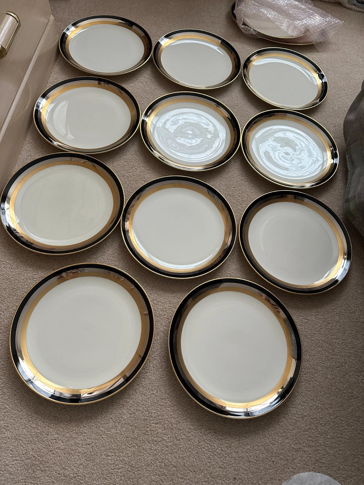 12 Gorham Midnight Contessa Dinner Plates - 10 7/8" - Gold, Platinum, Black