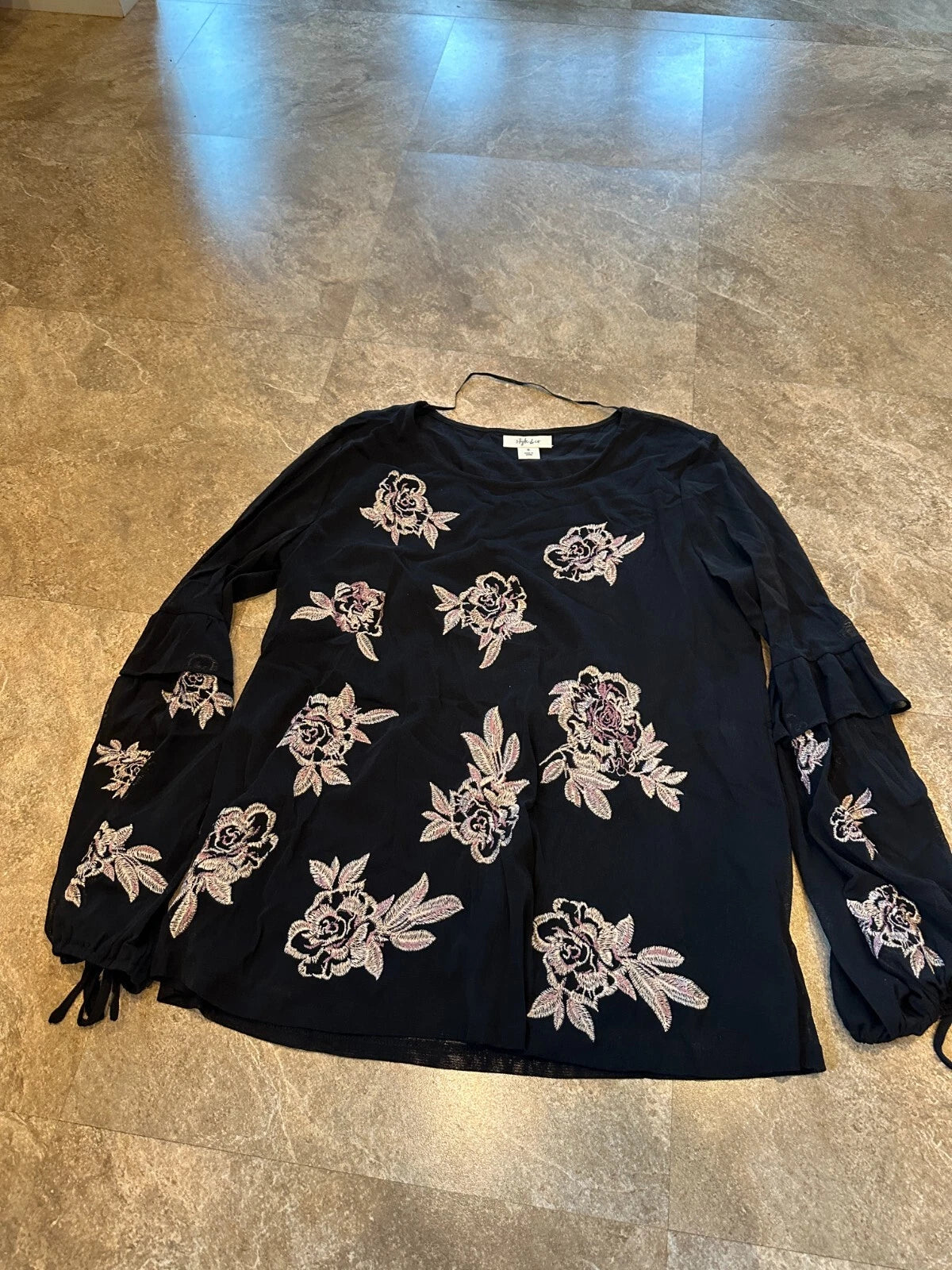 Style and Co Womens Black & Tan Flowered Sheer and Lined Blouse - Size Small