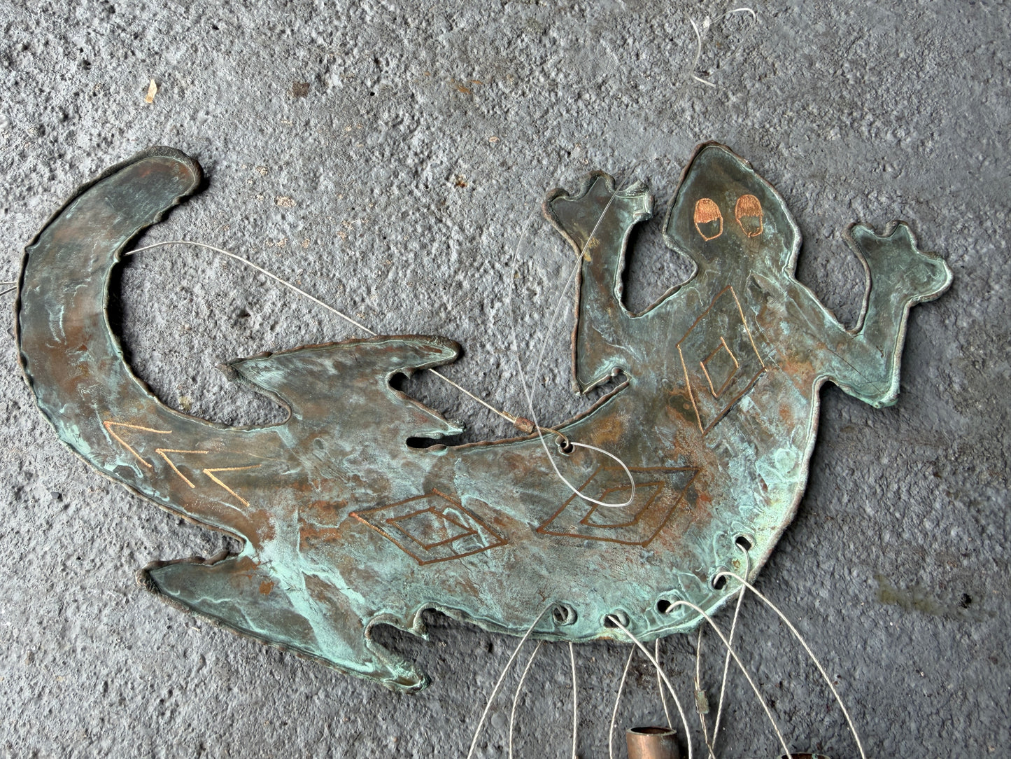 Alligator Gekko Wind Chime with Verdigris Patina, Handcrafted Decor
