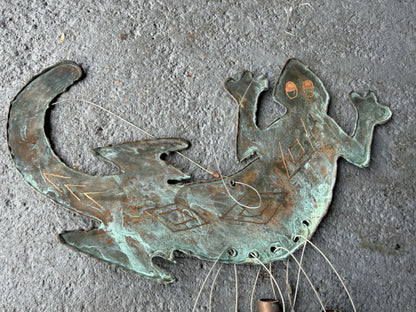 Alligator Gekko Wind Chime with Verdigris Patina, Handcrafted Decor