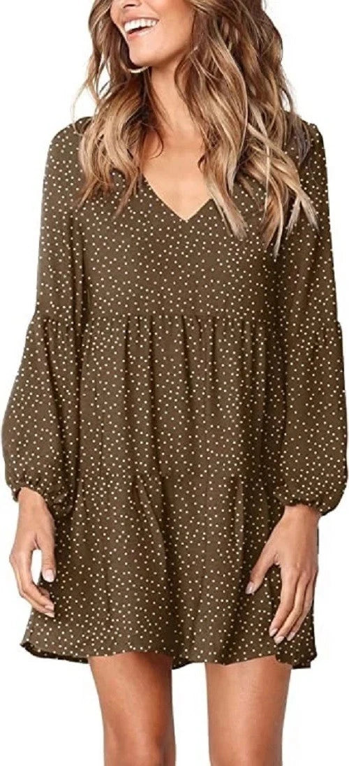 Amoretu Women's V Neck Swing Polka Dot Tunic Dress, Coffee, Small