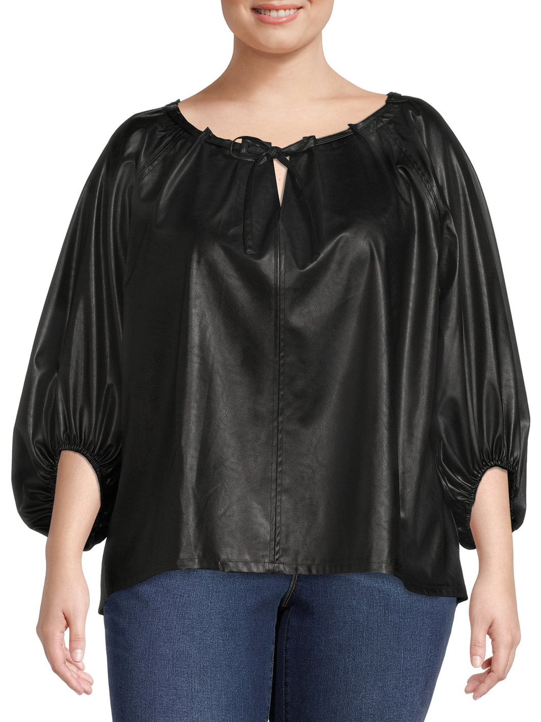 Terra & Sky Women's Plus Size Vegan Leather Long Sleeve Drawstring Scrunch Top New