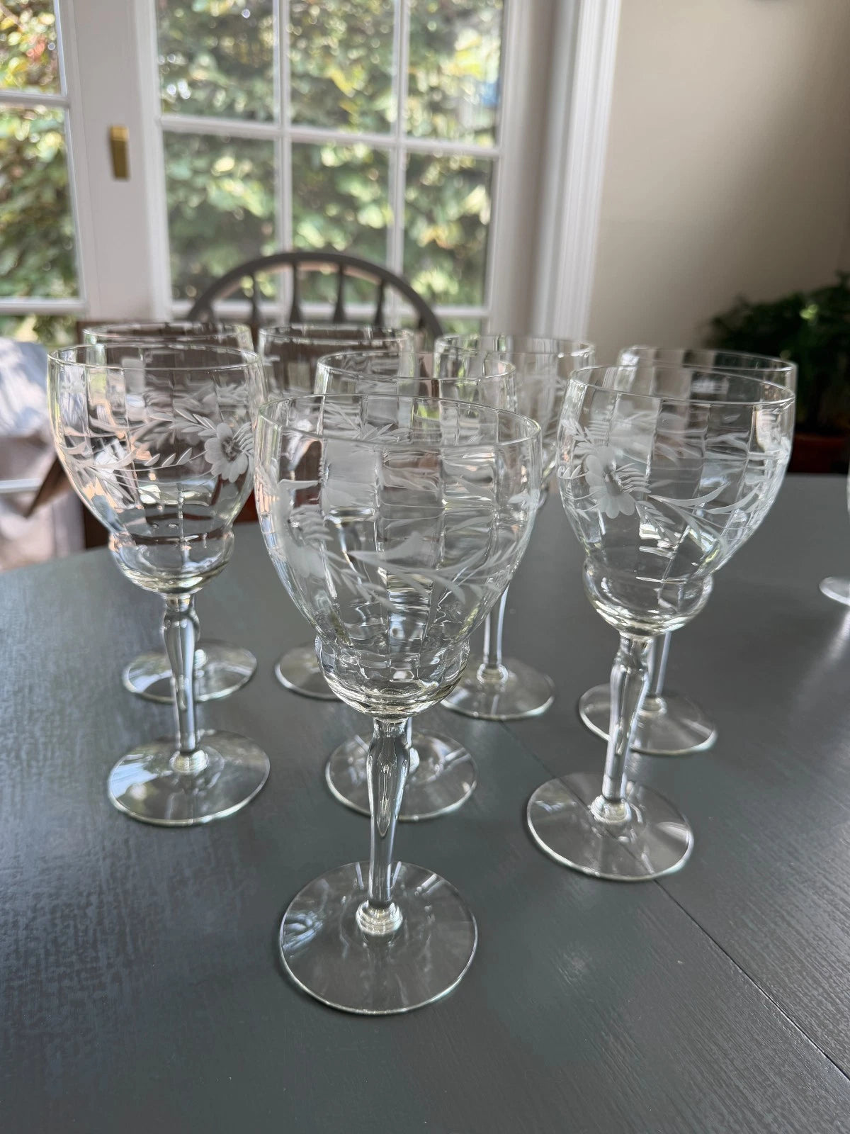 8 Vintage TIFFIN Crystal Etched Daisy Optic Wine Glasses Goblets 8” Tall