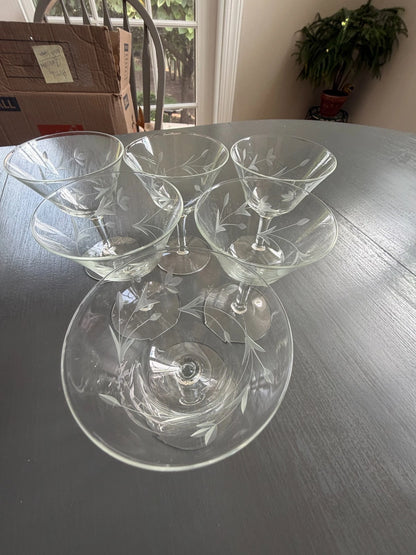 Vintage 6 Crystal Etched Wheat Martini Glasses