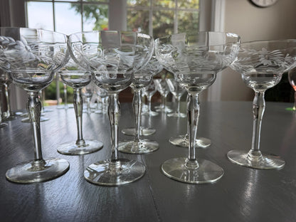 8 Vintage TIFFIN Crystal Etched Daisy Optic Champagne Glasses