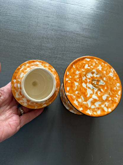 Stangl Town & Country Orange Spongeware Covered Sugar Bowl & Creamer Set