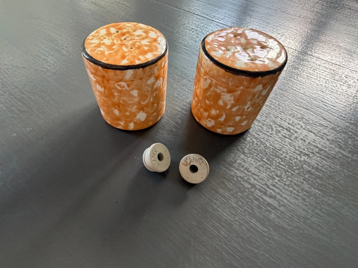 Stangl Town and Country Orange Splatter Ware Salt & Pepper Shakers + Stoppers