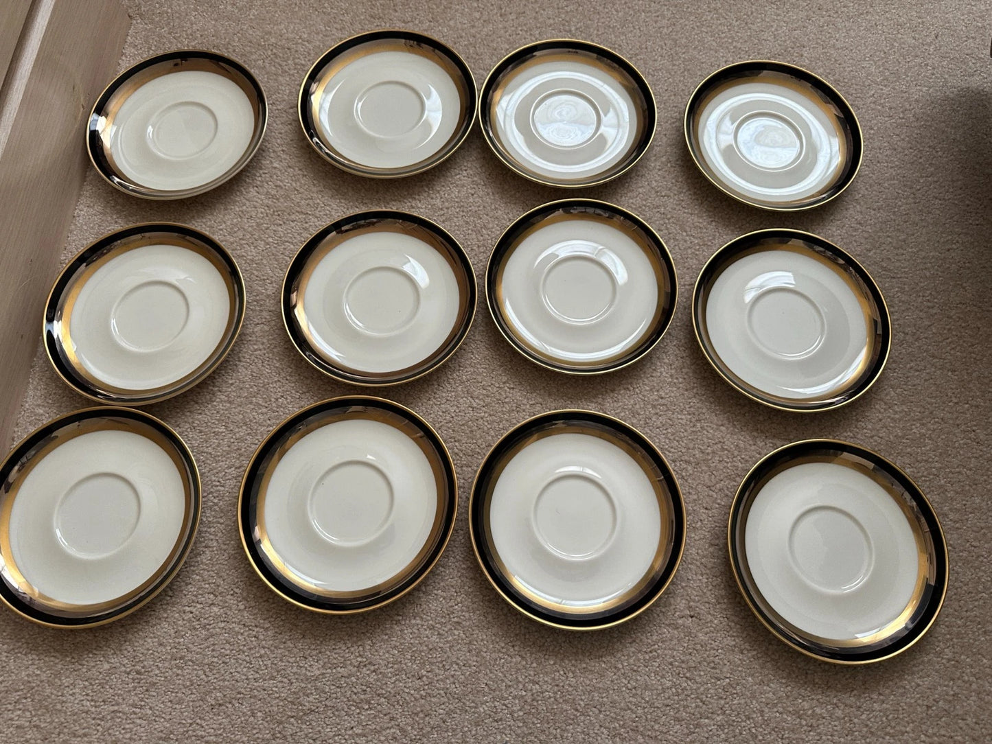 11 Gorham Midnight Contessa cups & 12 Saucers - Gold, Platinum, Black