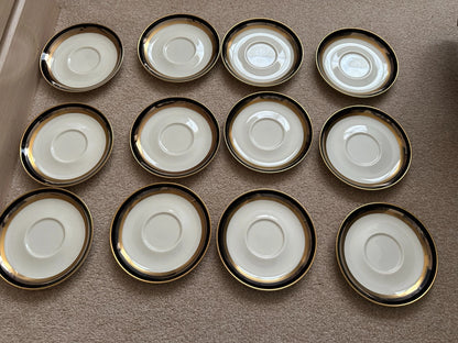 11 Gorham Midnight Contessa cups & 12 Saucers - Gold, Platinum, Black