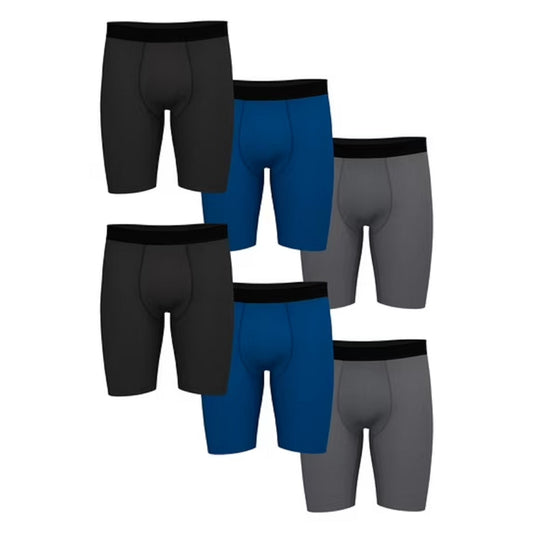 Athletic Works Men's Pro Form Boxer Brief Long Leg, 6 Pack - Blue/Black, Med