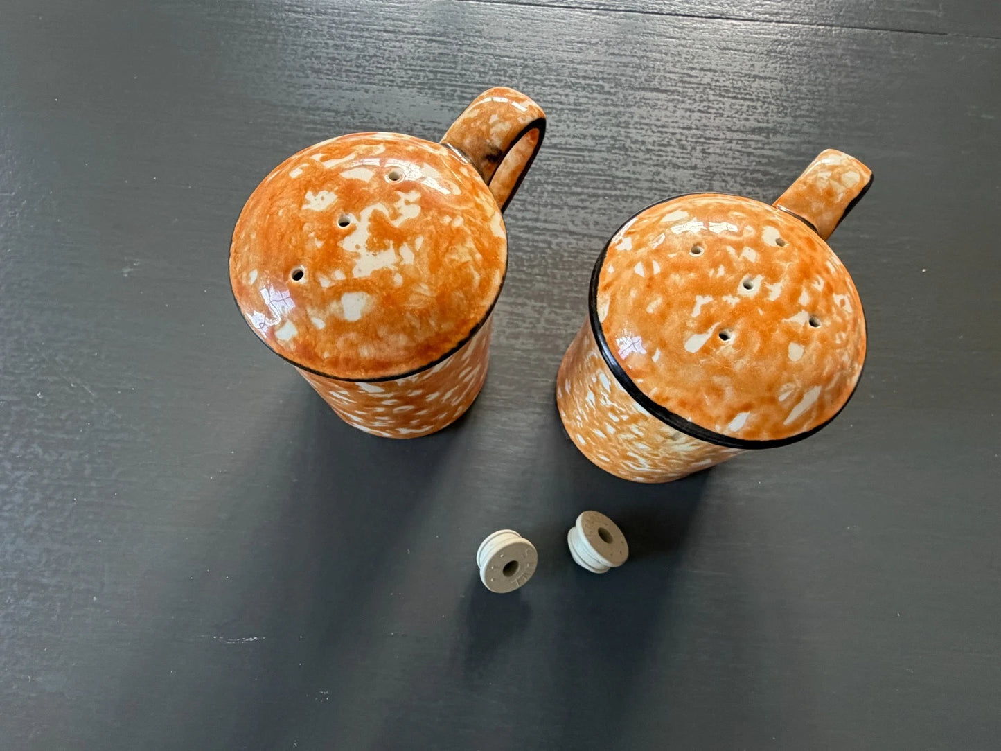 Stangl Town & Country Orange Splatter Ware Round Salt & Pepper Shakers -Stoppers