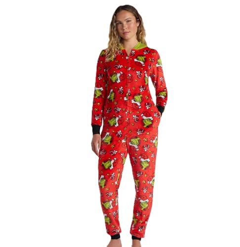 The Grinch Women’s and Women’s Plus Minky Union Suit Pajamas with Pockets, Sizes XS-3X