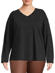 Terra & Sky Women's Plus Size Mixed Media V-Neck Eyelet Top New