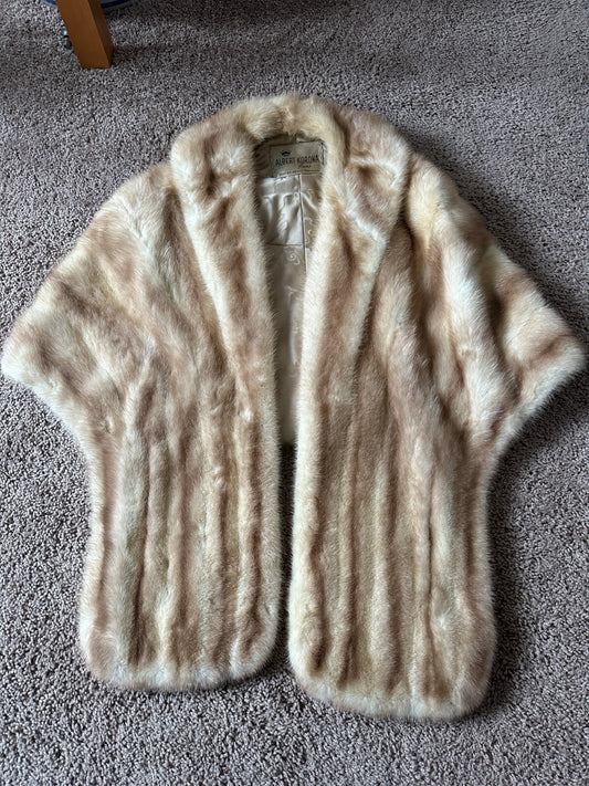 Albert Korona Vintage Mink Shawl Natural taupe Fur Satin Lined Stole Wrap Cape