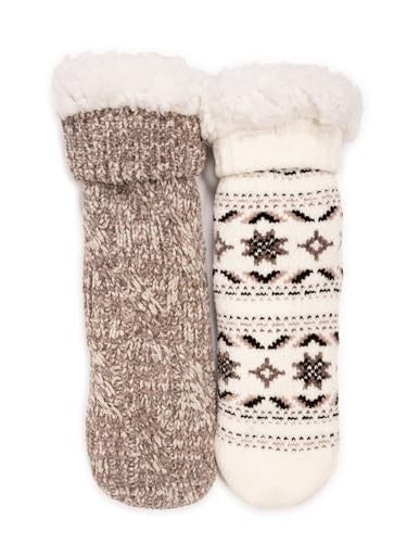 MUK LUKS Women's Tall Rib Cuff Cabin Socks, 2-Pack, Taupe/Ivory, Small/Medium