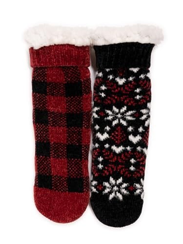 MUK LUKS Women's Tall Rib Cuff Cabin Socks, 2-Pack, Red Buffalo, Small/Medium