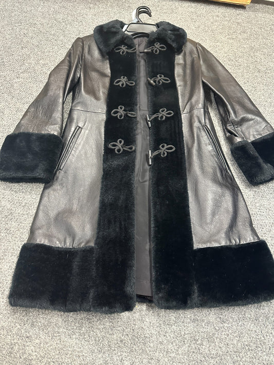 Womens Black Leather & Faux Fur Button & Loop Coat