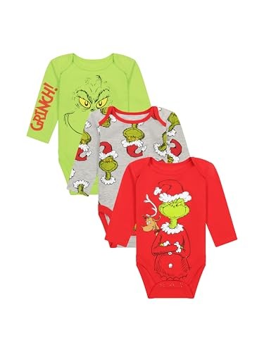 The Grinch Dr. Seuss Christmas Infant Long Sleeve 3Pk Bodysuits, Newborn