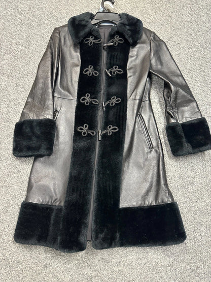 Womens Black Leather & Faux Fur Button & Loop Coat