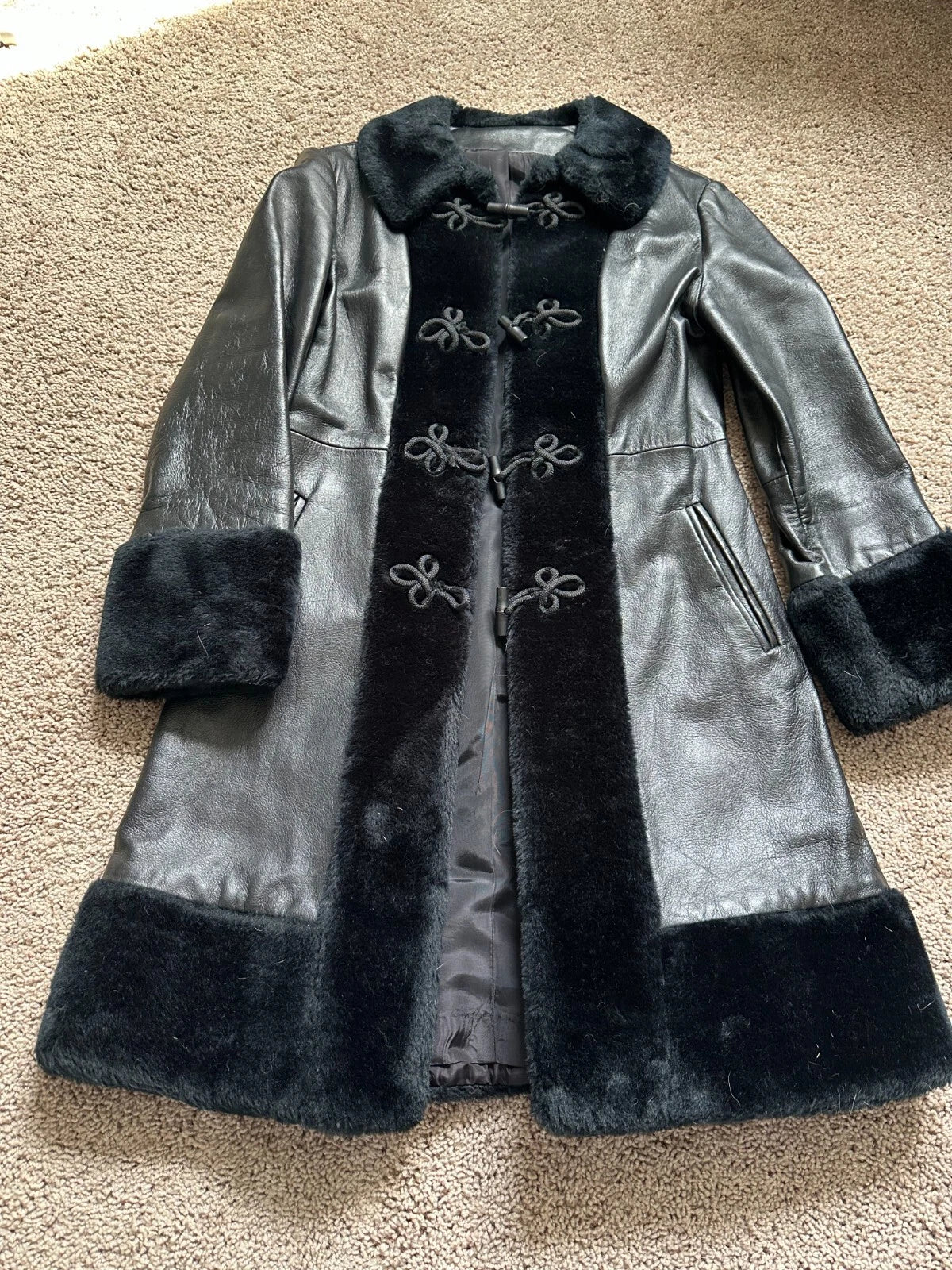Womens Black Leather & Faux Fur Button & Loop Coat
