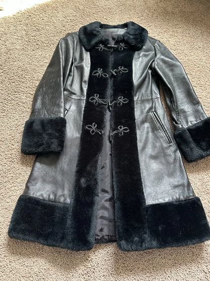 Womens Black Leather & Faux Fur Button & Loop Coat