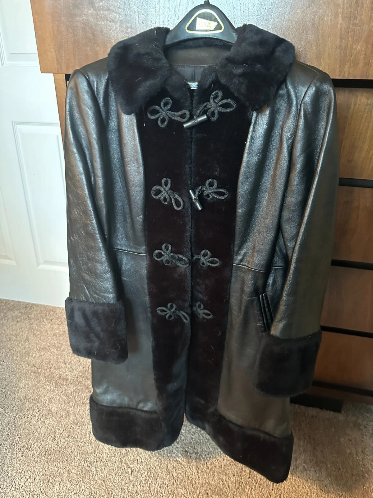 Womens Black Leather & Faux Fur Button & Loop Coat