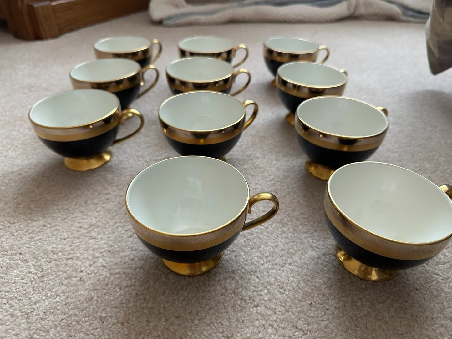 11 Gorham Midnight Contessa cups & 12 Saucers - Gold, Platinum, Black